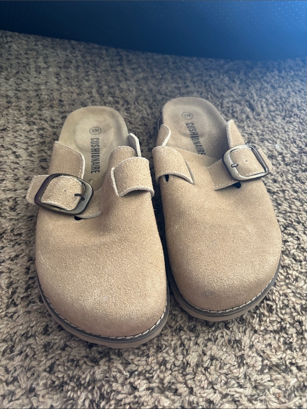 Cushionaire Women's Tan Suede Slip-On Clogs with Buckle